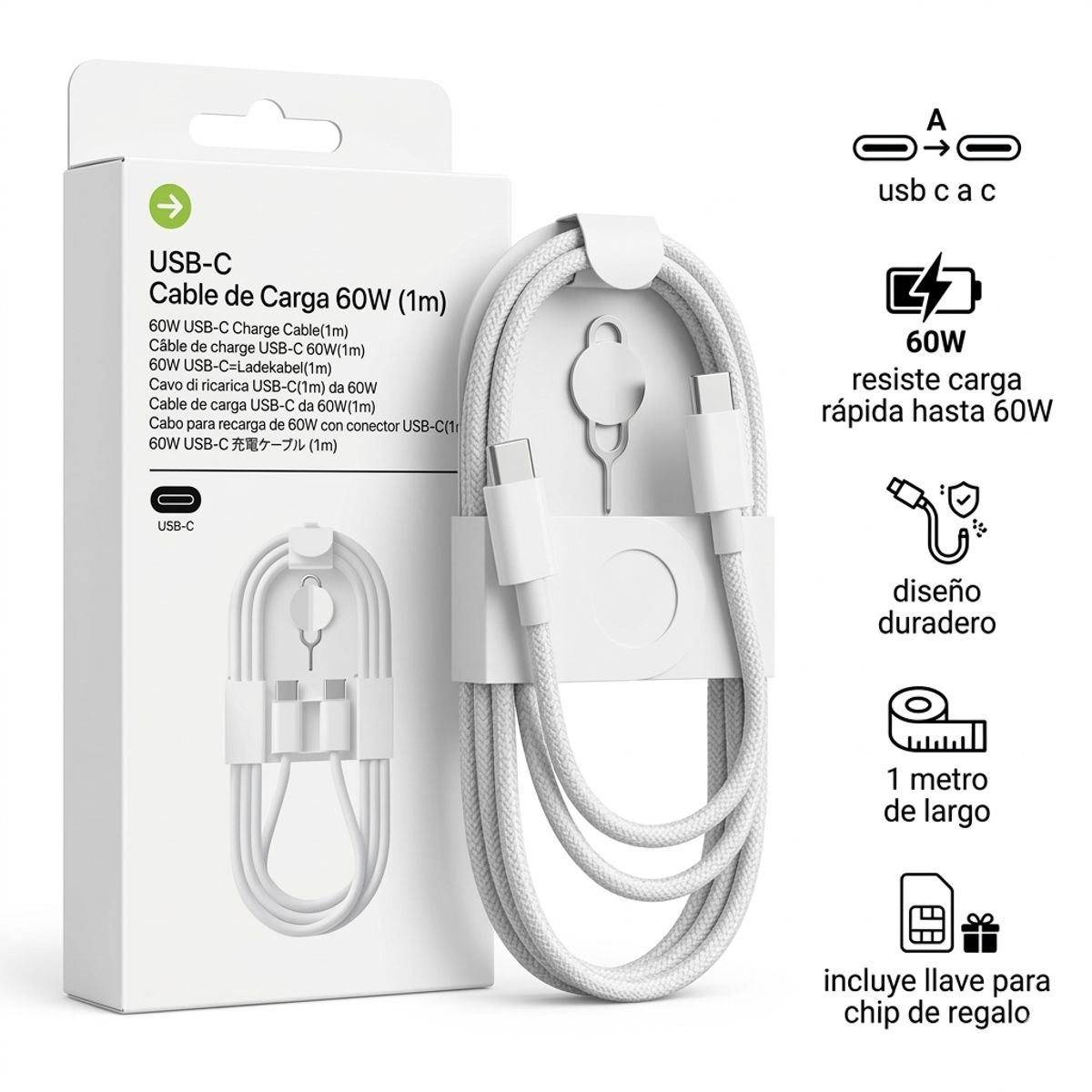GENERICO - Cable Usb-c A Usb-c 60w 1 Metro Carga Rápida Blanco Trenzado