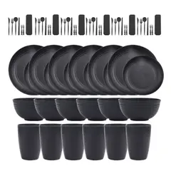 ATURE - Juego De Vajilla De Paja De 66 Piezas, Para 6 Personas Negro