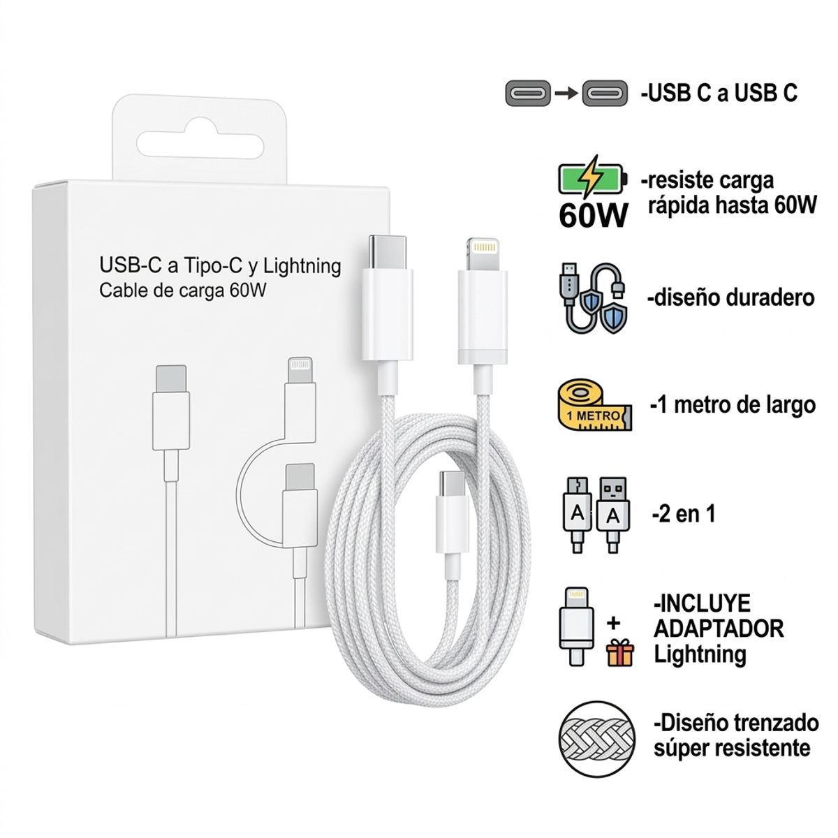 GENERICO - Cable 2 En 1 Ultra Resistente: Carga Rápida 60w Para Todo