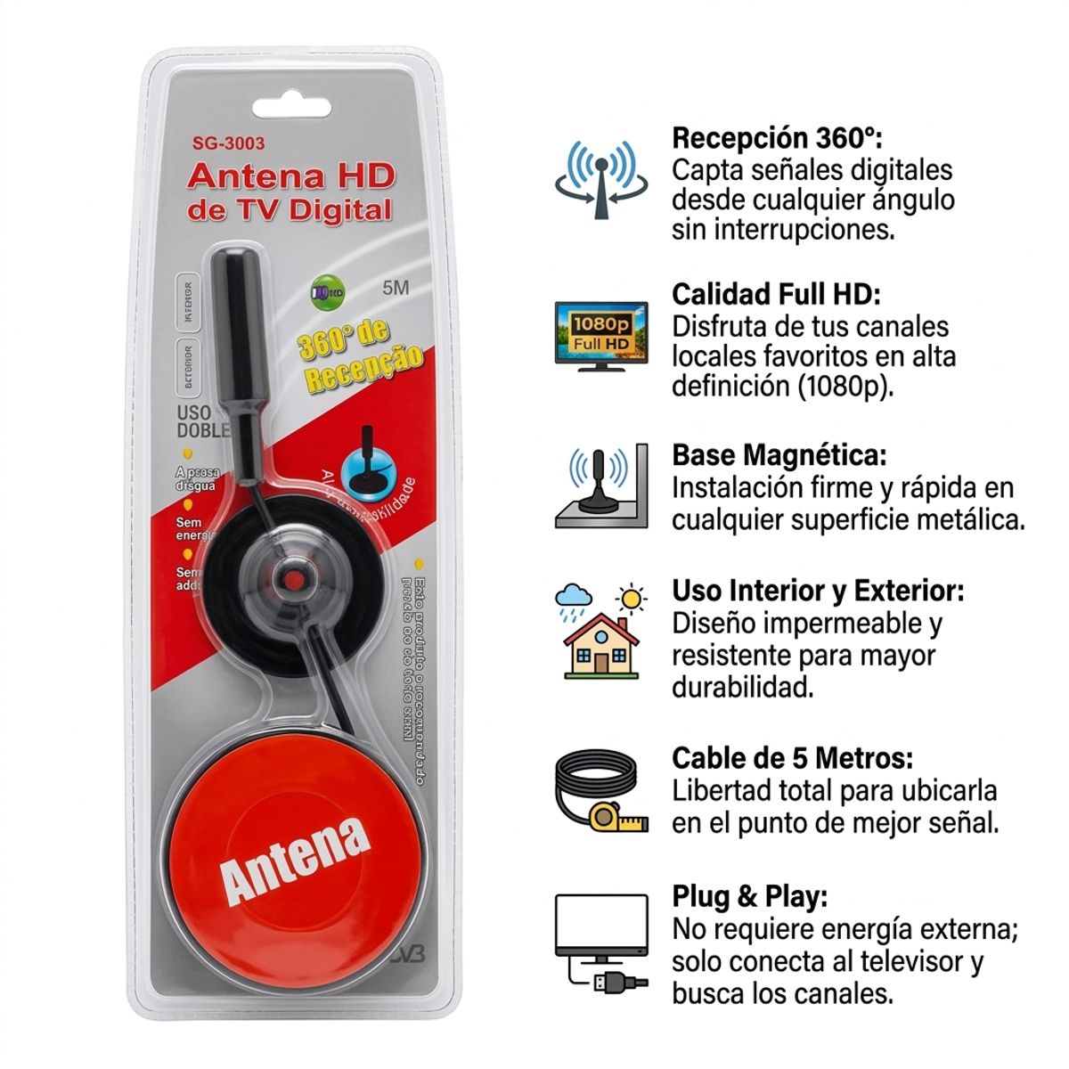 GENERICO - Antena Hd De Tv Digital Sg-3003 Base Magnética 5m