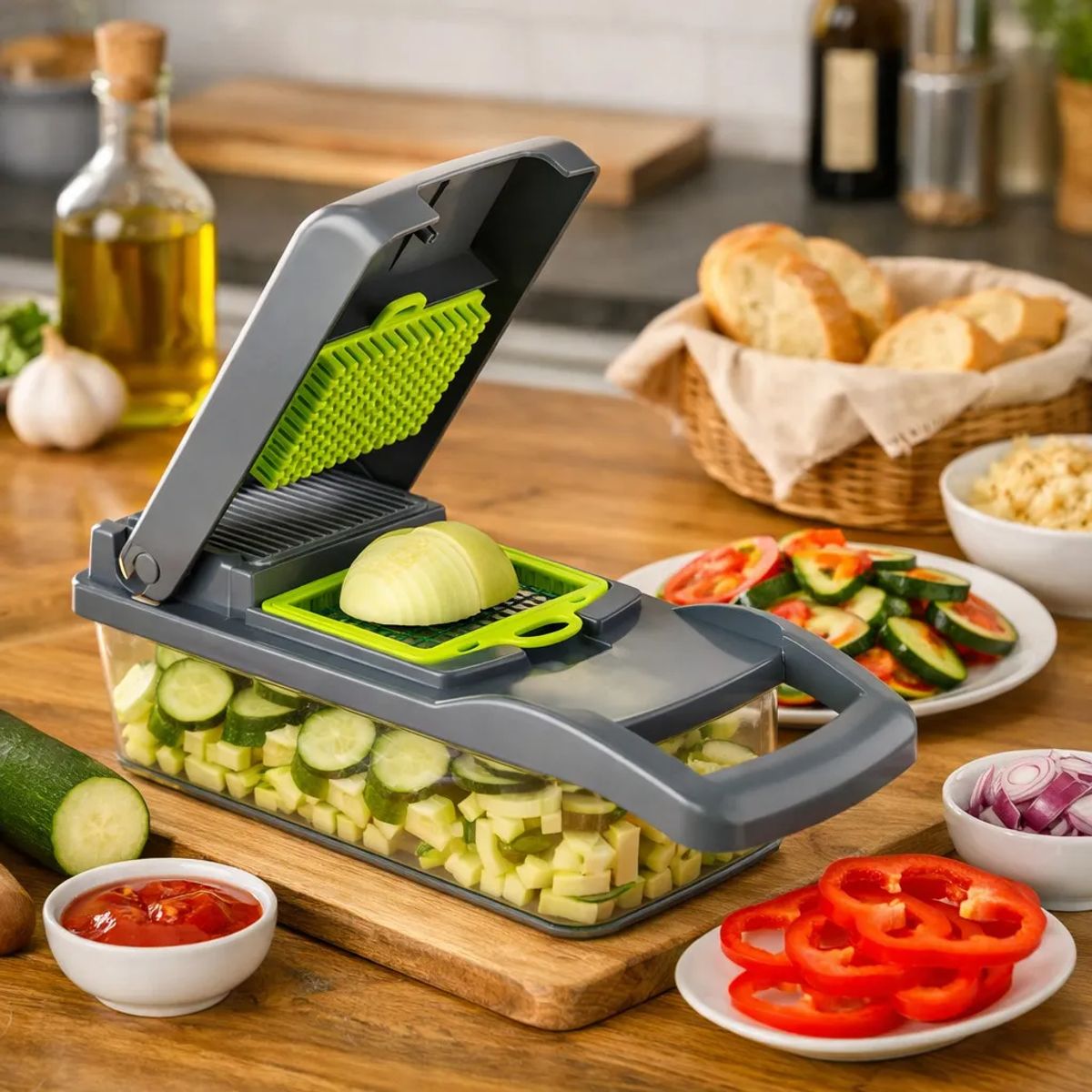 Cortador de Verduras Multifuncional 12 en 1 - Picador, Rallador y Rebanador con Recipiente, marca MOVI - Foto Principal