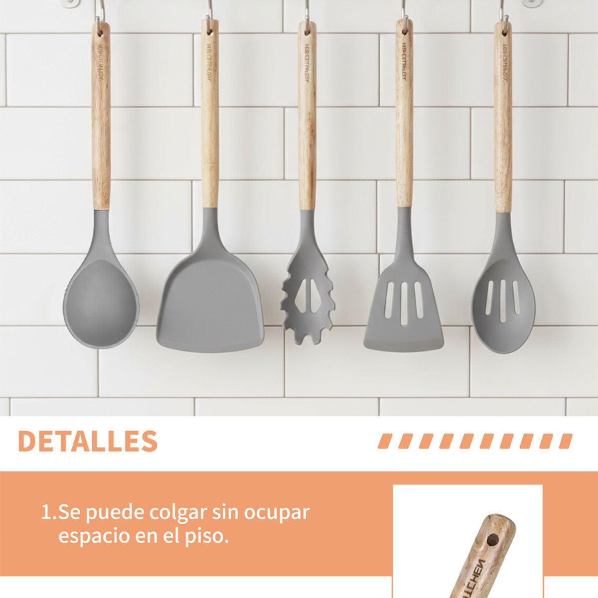 YOLIKITCHEN - Juego de Utensilios de Silicona 12 Piezas, Mango de Madera, Antiadherente,con Recipiente y 6 Colores