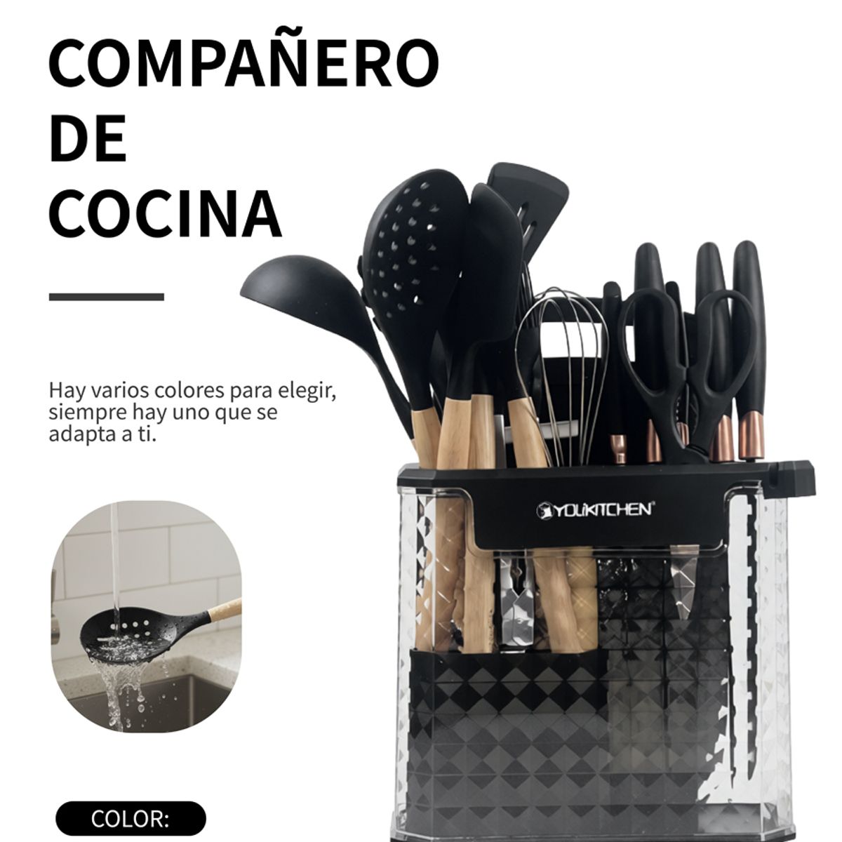 YOLIKITCHEN - Juego de Utensilios de Cocina 18 Piezas con Cubo Organizador - Silicona Antiadherente, 6 Colores, Resistente al Calor