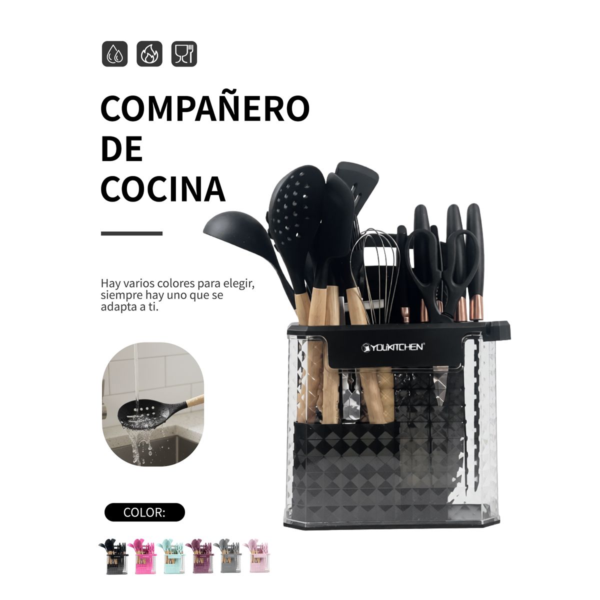 YOLIKITCHEN - Juego de Utensilios de Cocina 18 Piezas con Cubo Organizador - Silicona Antiadherente, 6 Colores, Resistente al Calor
