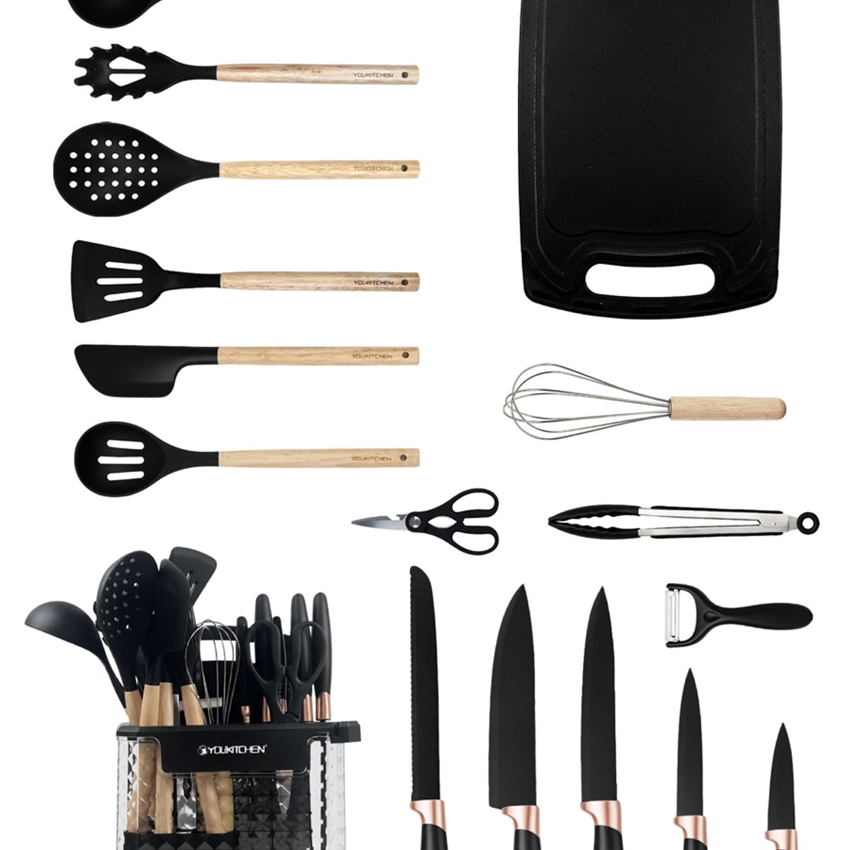 YOLIKITCHEN - Juego de Utensilios de Cocina 18 Piezas con Cubo Organizador - Silicona Antiadherente, 6 Colores, Resistente al Calor