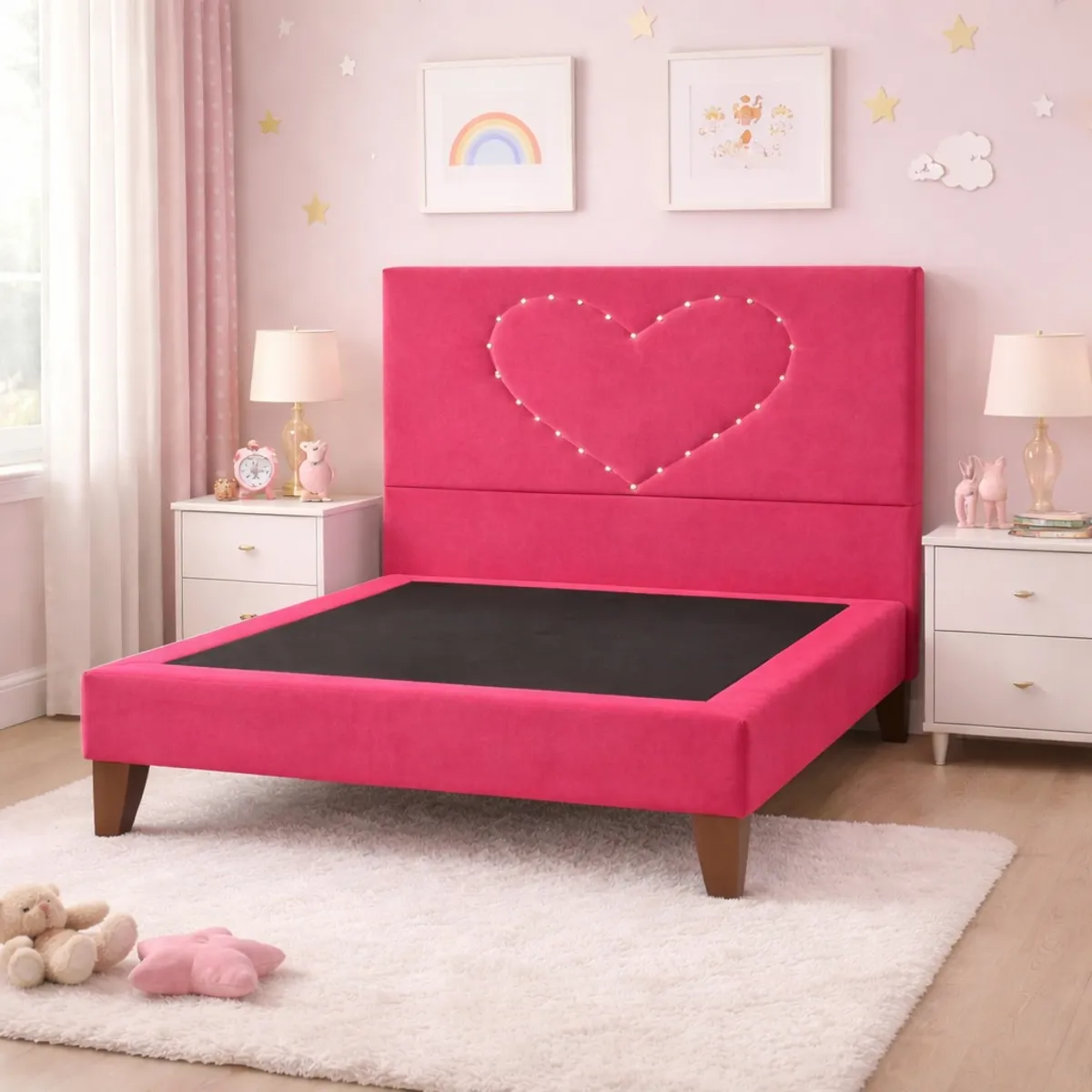 GENERICO - Cama Plaza y Media Corazón Fucsia Base + Colchón Mery Design Excellence Plus