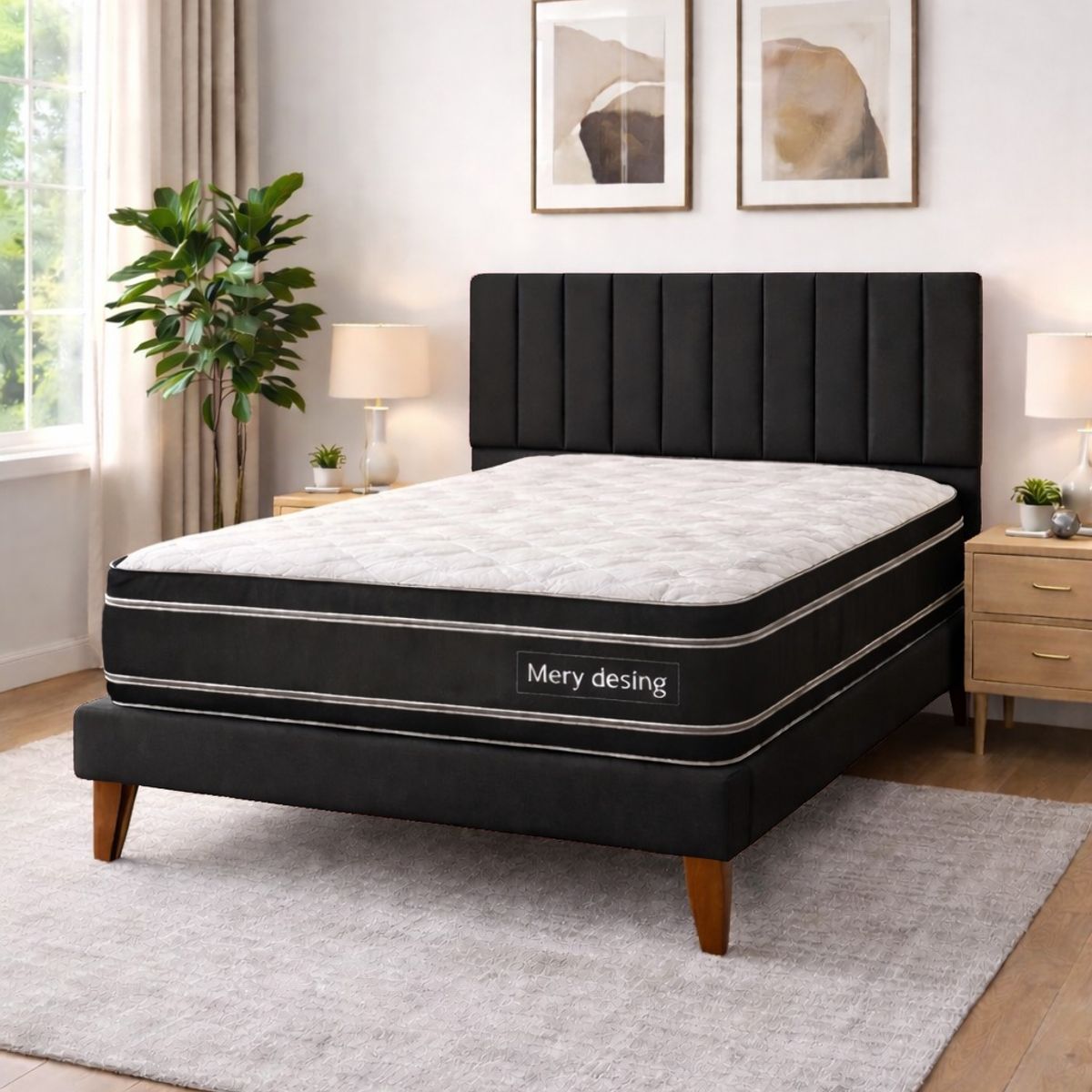 GENERICO - Cama Plaza y Media Turin Negro En Lino Respaldo + Base + Colchon Mery Desing Excellence Plus