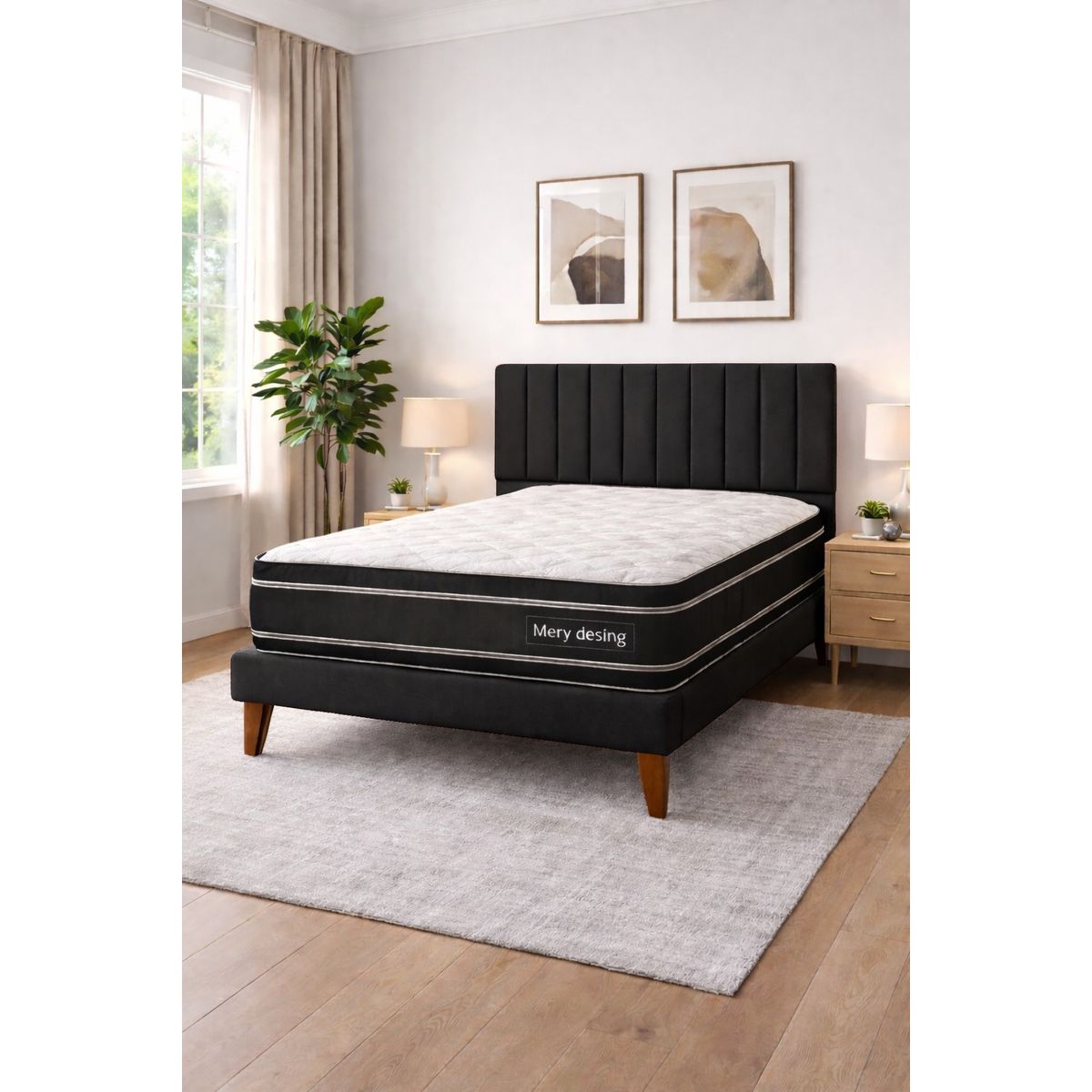 GENERICO - Cama Plaza y Media Turin Negro En Lino Respaldo + Base + Colchon Mery Desing Excellence Plus