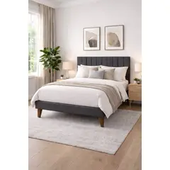 GENERICO - Cama Plaza y Media Turin Gris Grafito En Lino Respaldo + Base + Colchon Mery Desing Excellence Plus