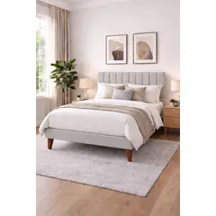 GENERICO - Cama Plaza y Media Turin Gris Claro En Lino Respaldo + Base + Colchon Mery Desing Excellence Plus