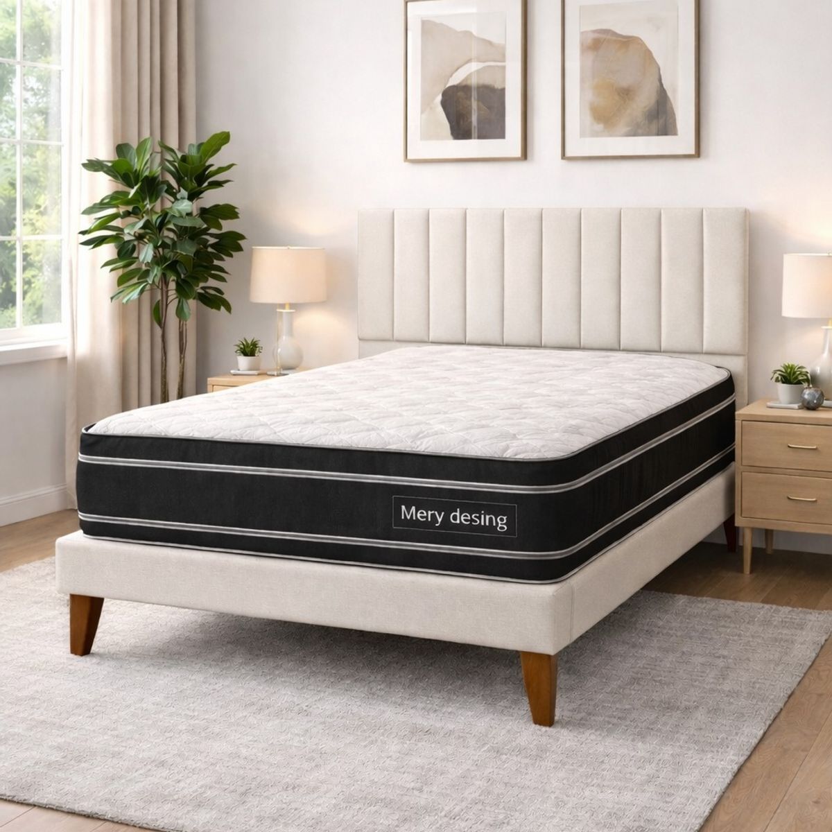 GENERICO - Cama Plaza y Media Turin Crudo En Lino Respaldo + Base + Colchon Mery Desing Excellence Plus