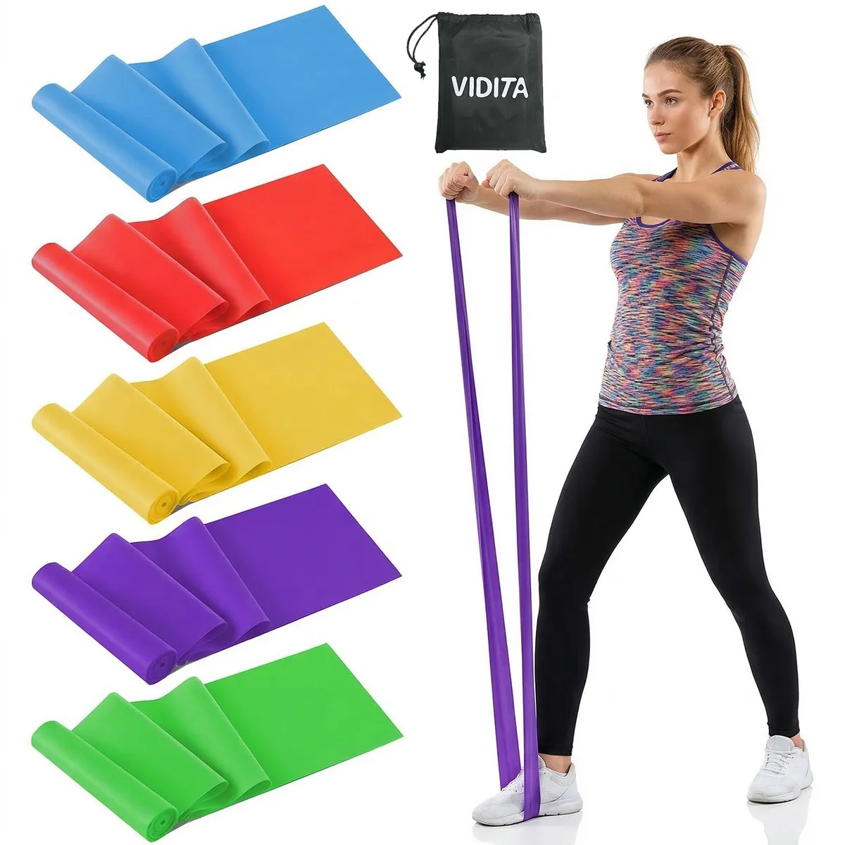 VIDITA - Set 5 Bandas Elásticas TPE Ejercicio Pilates Yoga + Bolsa - Elastico Resistencia Implementos