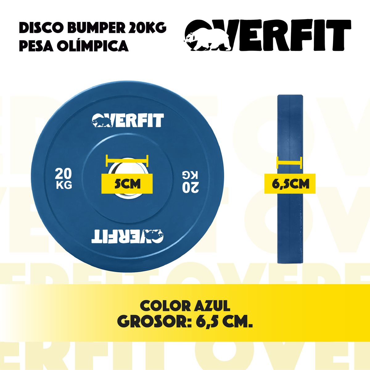 OVERFIT - Disco de Pesa Olimpica Goma Overfit 20kg Antideslizante 50mm Gym.
