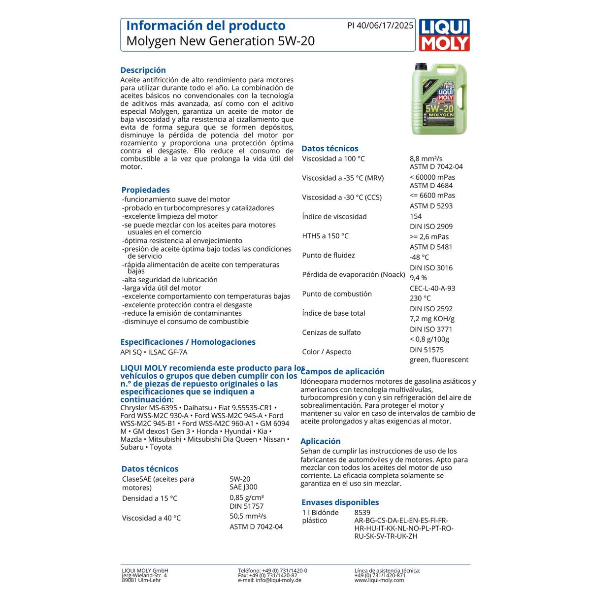 LIQUI MOLY - Aceite Motor 5w20 Molygen 1 Lt. Liqui Moly