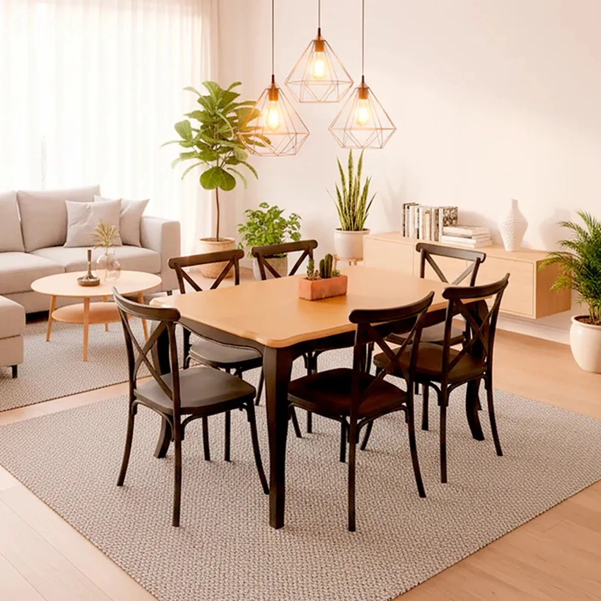 SPAZZIO - Mesa comedor Vittoria rectangular negra 135 cm + 6 sillas PP Crossback negras