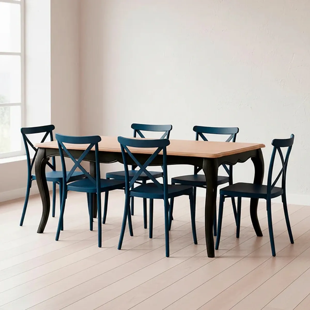 SPAZZIO - Mesa comedor Vittoria rectangular negra 135 cm + 6 sillas PP Crossback negras