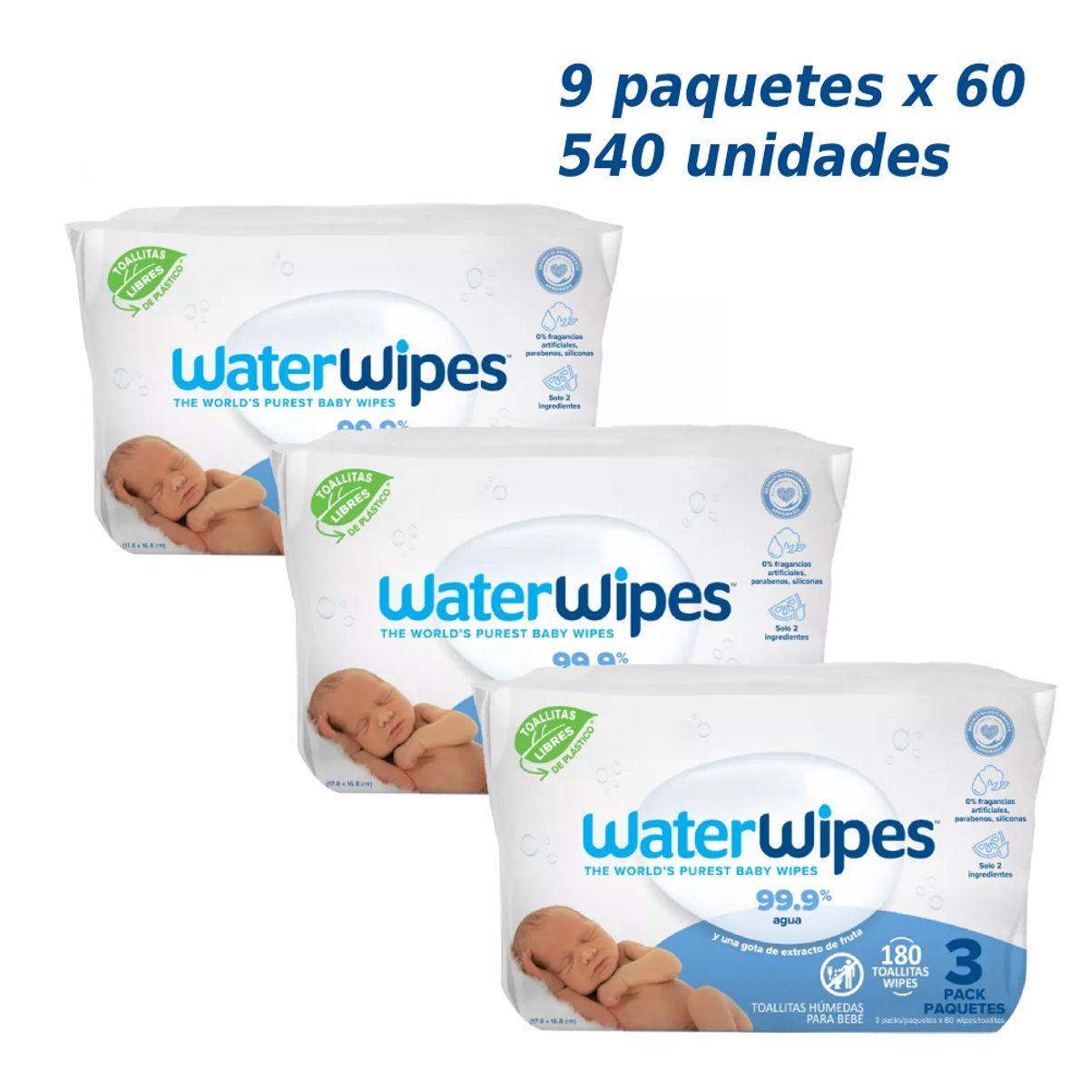 WATER WIPES - Toallitas húmedas WaterWipes Biodegradables 540 unidades, 9 x 60 un.