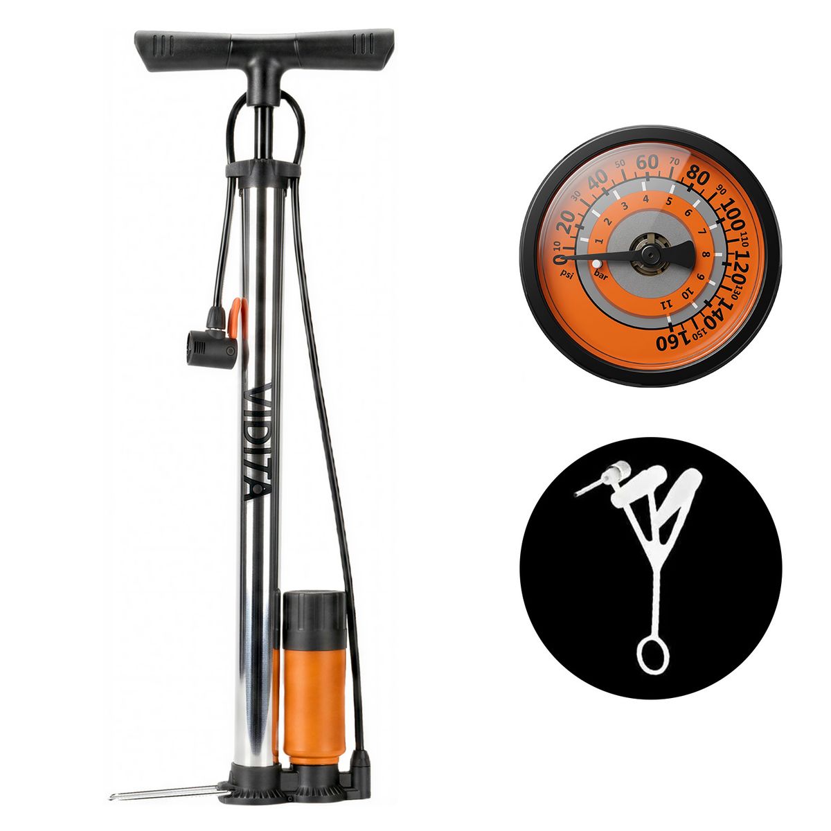 VIDITA - Bombin De Pie Con Manometro Portatil 160 PSI Bicicleta Balon Con Boquilla Incluida Alta Precision