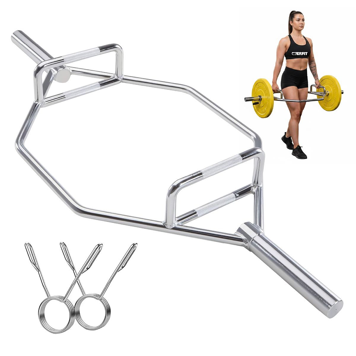 OVERFIT - Barra Olimpica Hexagonal 23kg Overfit Acero Peso Muerto 2 Ganchos