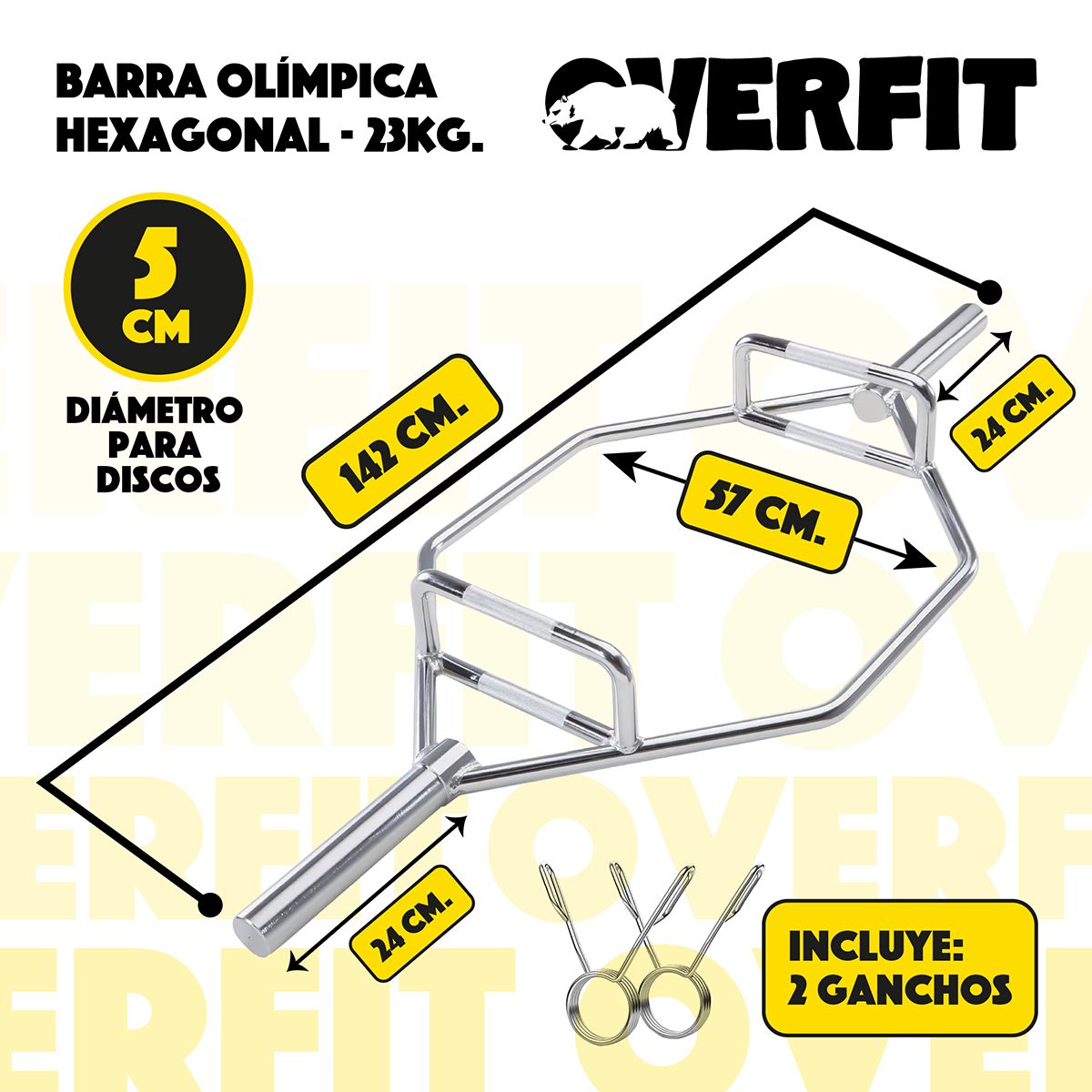 OVERFIT - Barra Olimpica Hexagonal 23kg Overfit Acero Peso Muerto 2 Ganchos