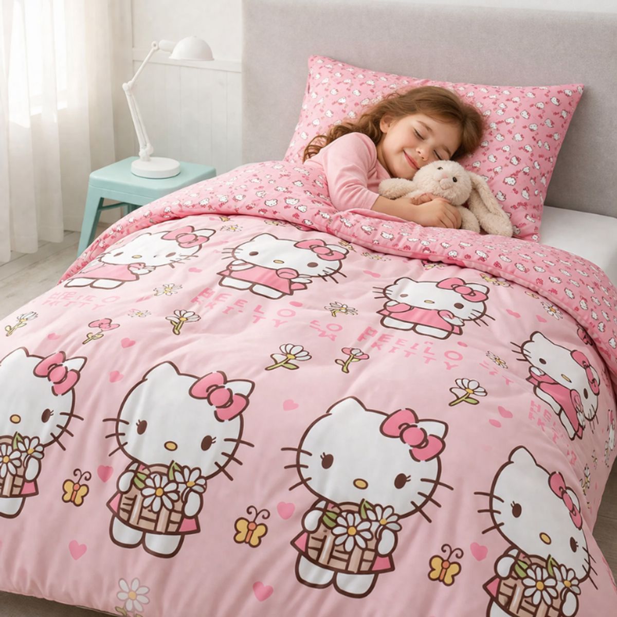 MASHINI - Plumón Hello Kitty Margarita Reversible 1,5 Plazas Mashini + Funda Almohada