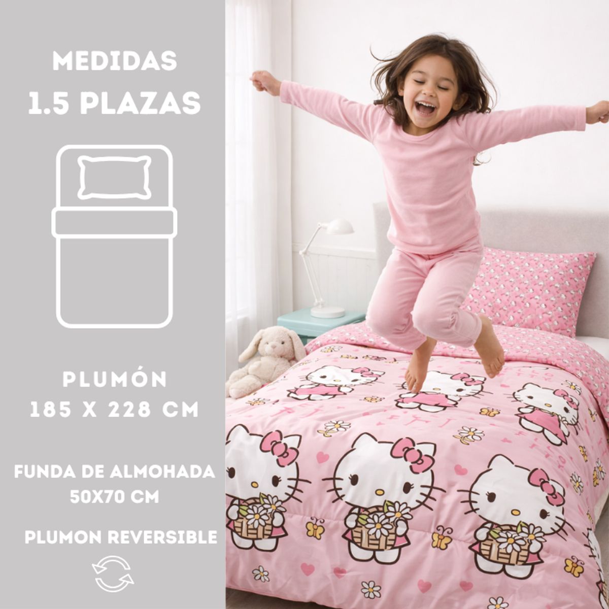 MASHINI - Plumón Hello Kitty Margarita Reversible 1,5 Plazas Mashini + Funda Almohada