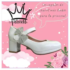 COMPRAPO - Zapato Calzado Princesa Niña Charol Blanco con Tacón y Lazo Brillitos