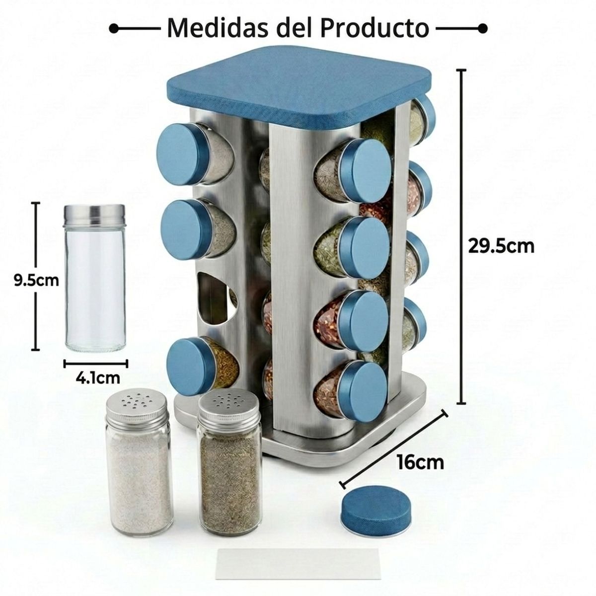 GENERICO - Condimentero Cuadrado o Redondo Base Giratorio 16 Frascos Acero Inox.