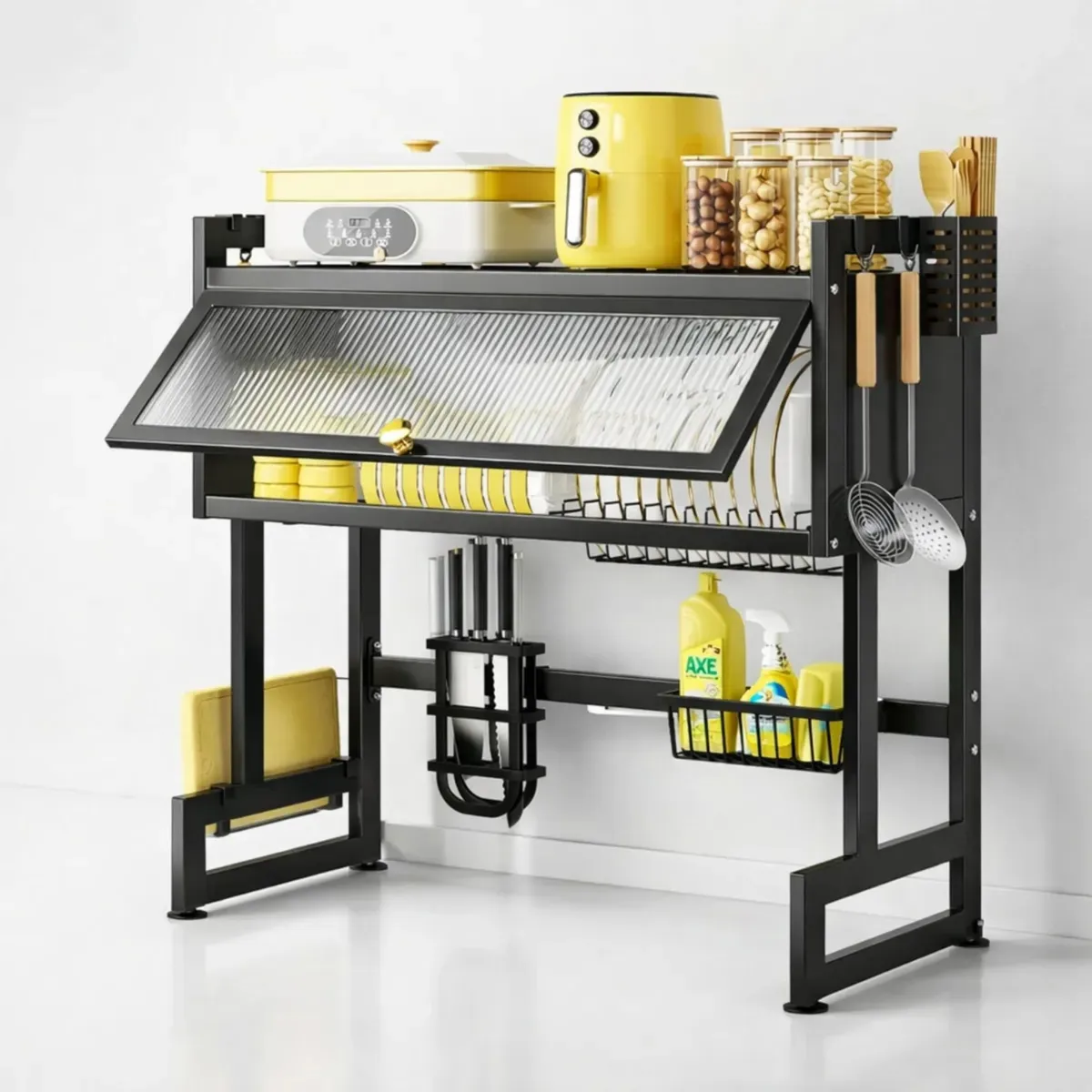 MOVI - Secaplatos Escurridor de Platos con Puerta Antipolvo y Soporte para Accesorios  Organizador de Cocina Metálico