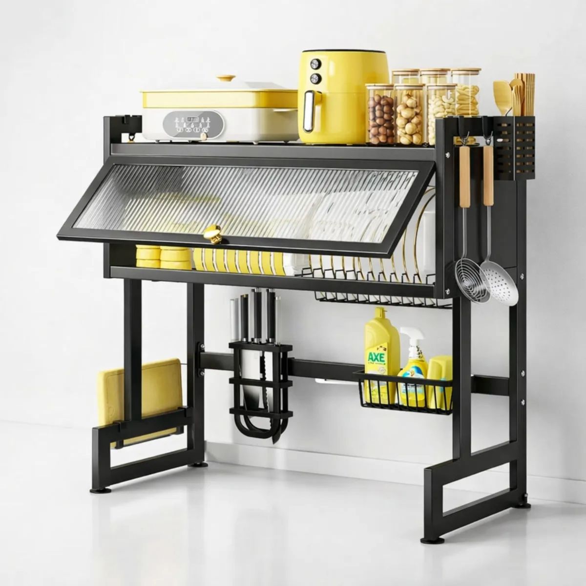 MOVI - Secaplatos Escurridor de Platos con Puerta Antipolvo y Soporte para Accesorios  Organizador de Cocina Metálico