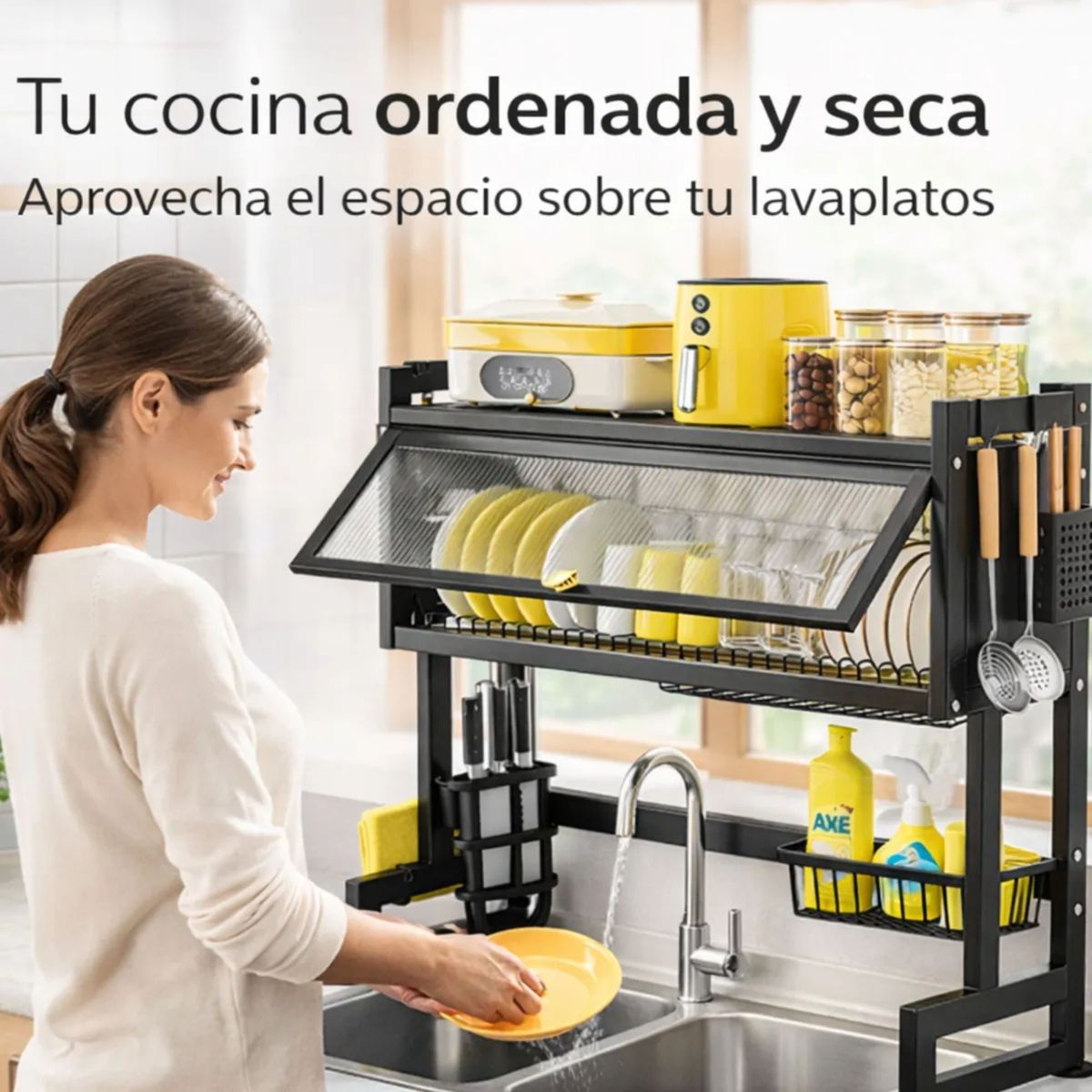 MOVI - Secaplatos Escurridor de Platos con Puerta Antipolvo y Soporte para Accesorios  Organizador de Cocina Metálico