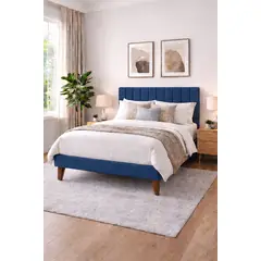 GENERICO - Cama Plaza y Media Turin Azul En Lino Respaldo + Base + Colchon Mery Desing Excellence Plus