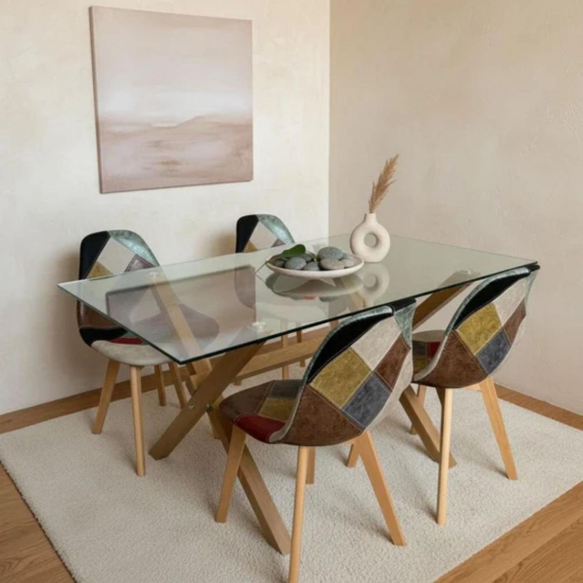 PANDALINO - Comedor Mesa Xinia 130x80 + 4 Sillas Patchwork Da Vinci - Ecocuero Claro
