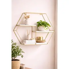 GENERICO - Repisa Hexagonal Dorada 3 Niveles Madera Decoración Muro