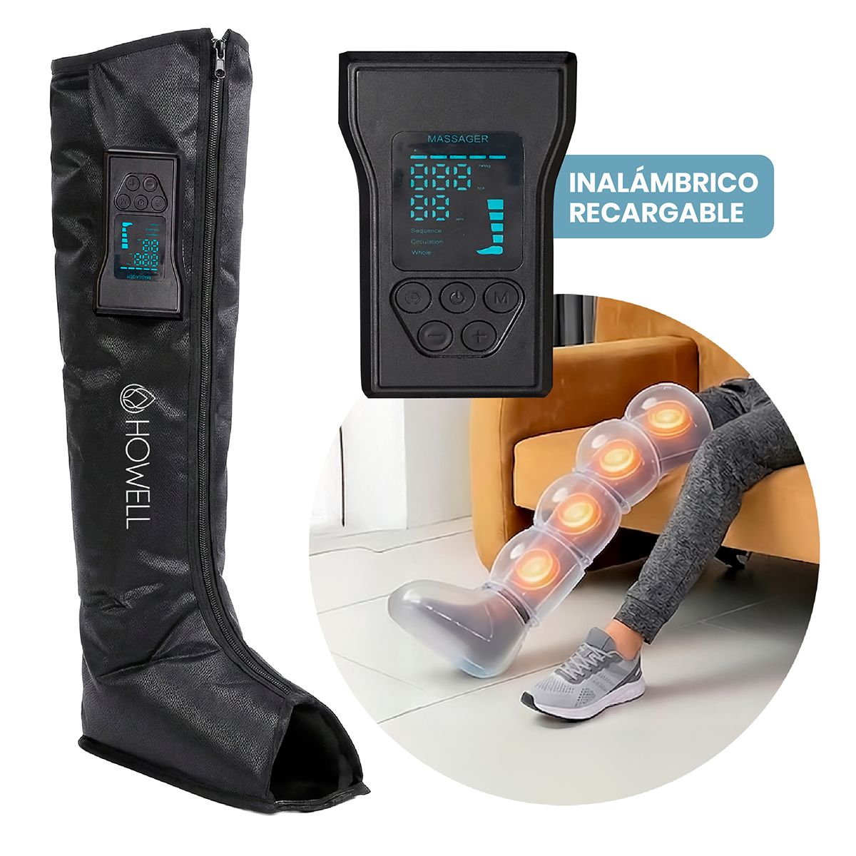 HOWELL - Masajeador Piernas Bota Compresion Howell Inalambrico 5 Zonas