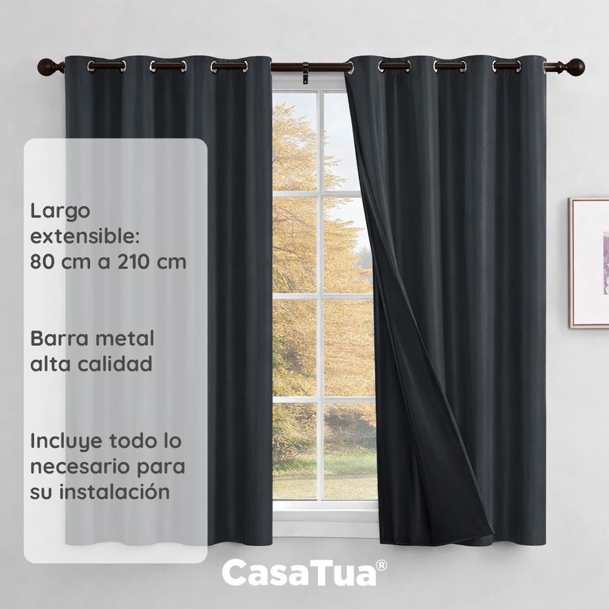 CASATUA - Barra Cortina CasaTua Extensible 80 a 210 cm Con Soportes - Cafe - 80 a 210 cm