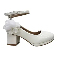 COMPRAPO - Zapato Calzado Princesa Niña Charol Blanco con Tacón y Flor