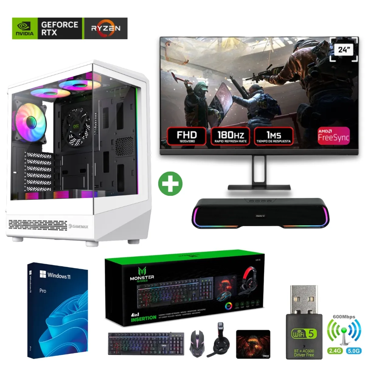 AMD CORP - Pc Gamer AMD 7 5800XT - 16GB - RTX5060TI - 1TB (Parlante + Monitor 24") COC-W