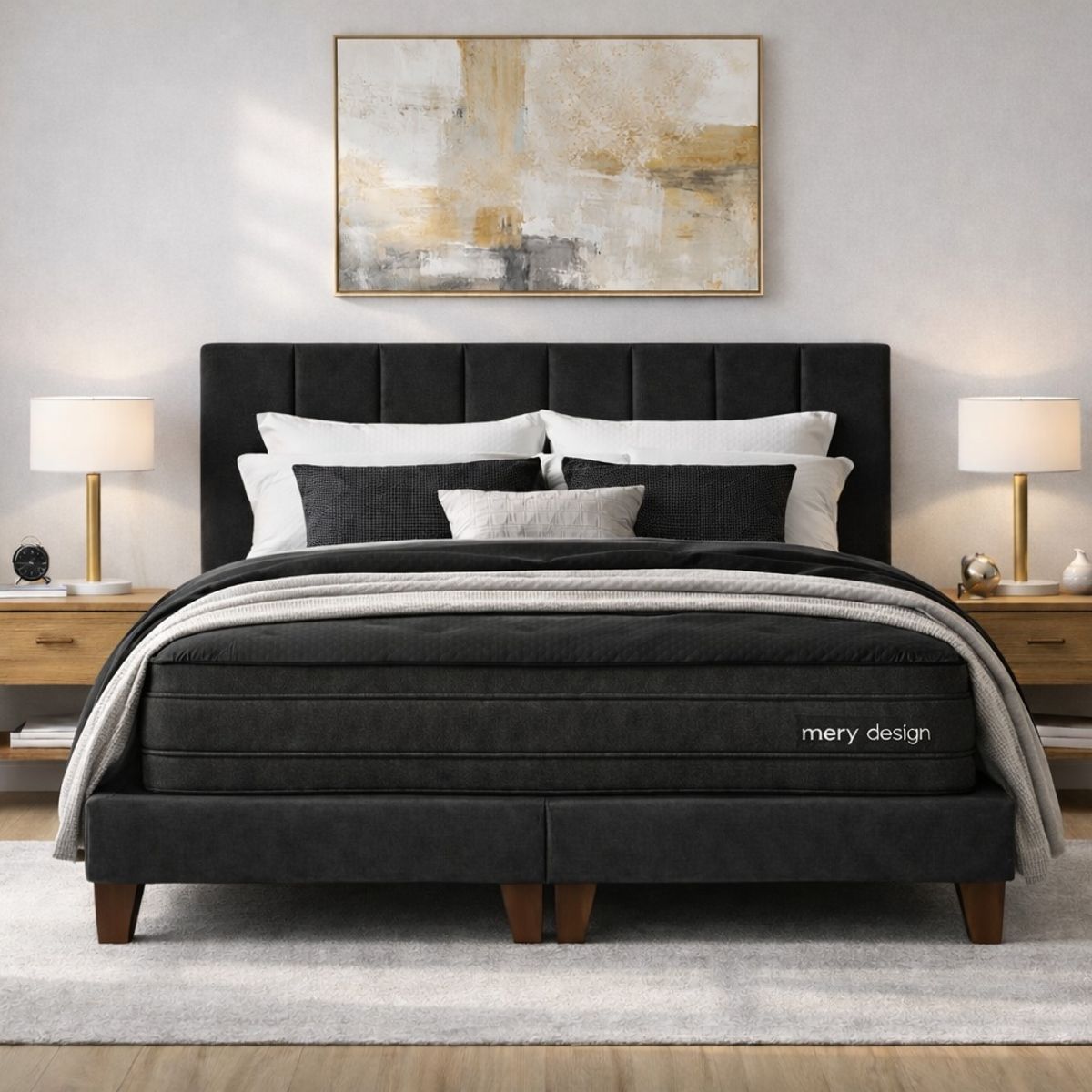 GENERICO - Cama 2 Plazas Completa Negro En Lino - Base Europea + Colchón Excellense Plus 25CM + Respaldo Tapizado