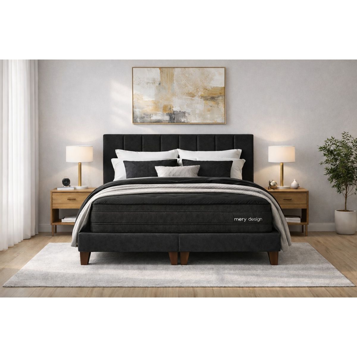 GENERICO - Cama 2 Plazas Completa Negro En Lino - Base Europea + Colchón Excellense Plus 25CM + Respaldo Tapizado