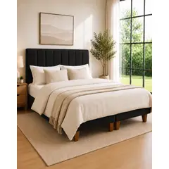 GENERICO - Cama 2 Plazas Completa Negro En Lino - Base Europea + Colchón Excellense Plus 25CM + Respaldo Tapizado