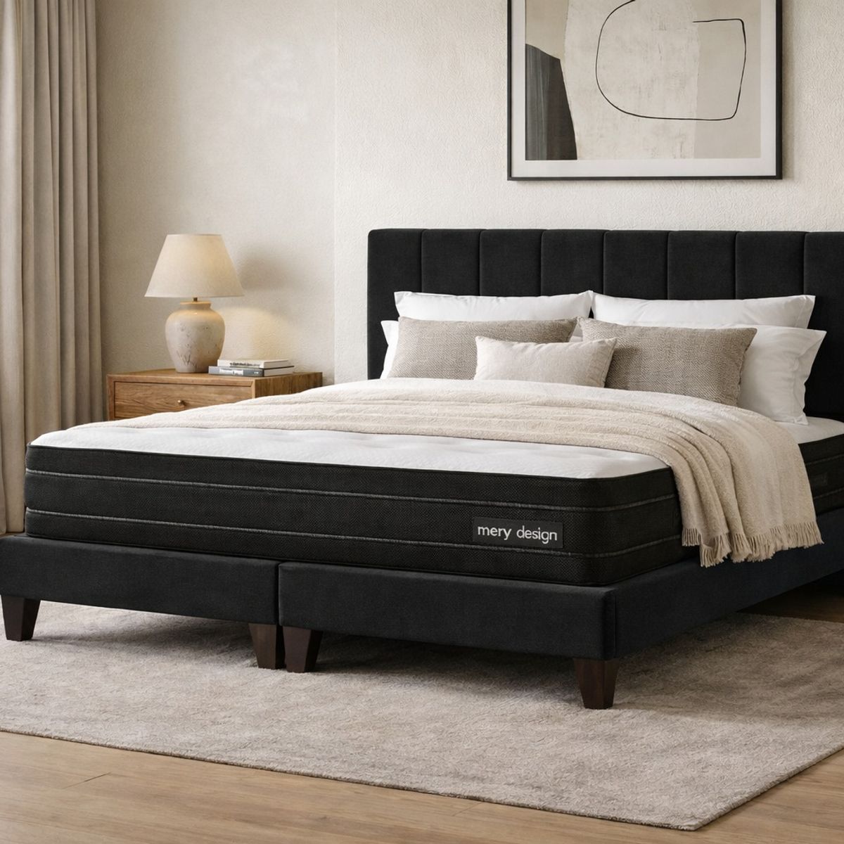 GENERICO - Cama 2 Plazas Completa Negro En Lino - Base Europea + Colchón Excellense Plus 25CM + Respaldo Tapizado