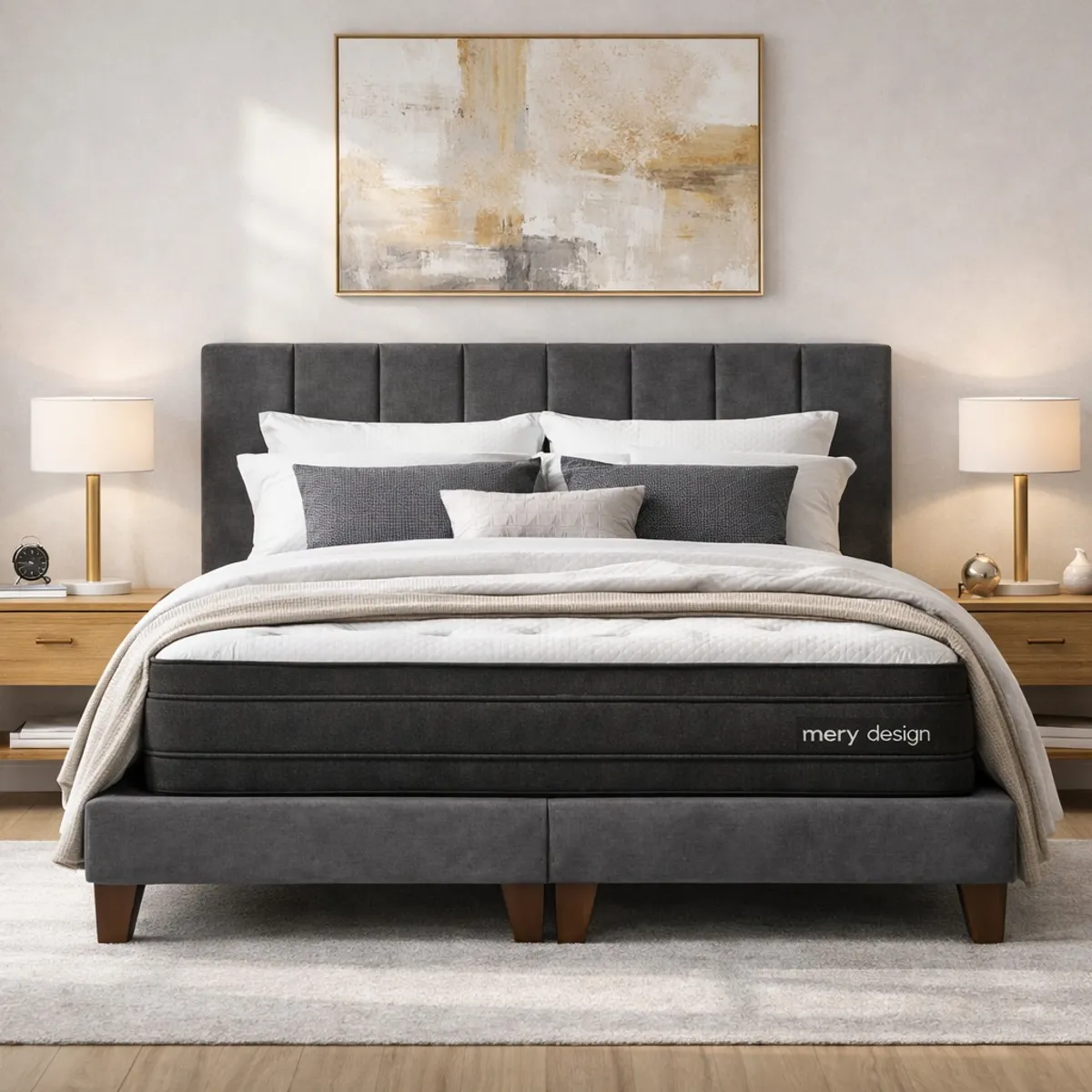 GENERICO - Cama 2 Plazas Completa Gris Grafito En Lino - Base Europea + Colchón Excellense Plus 25CM + Respaldo Tapizado