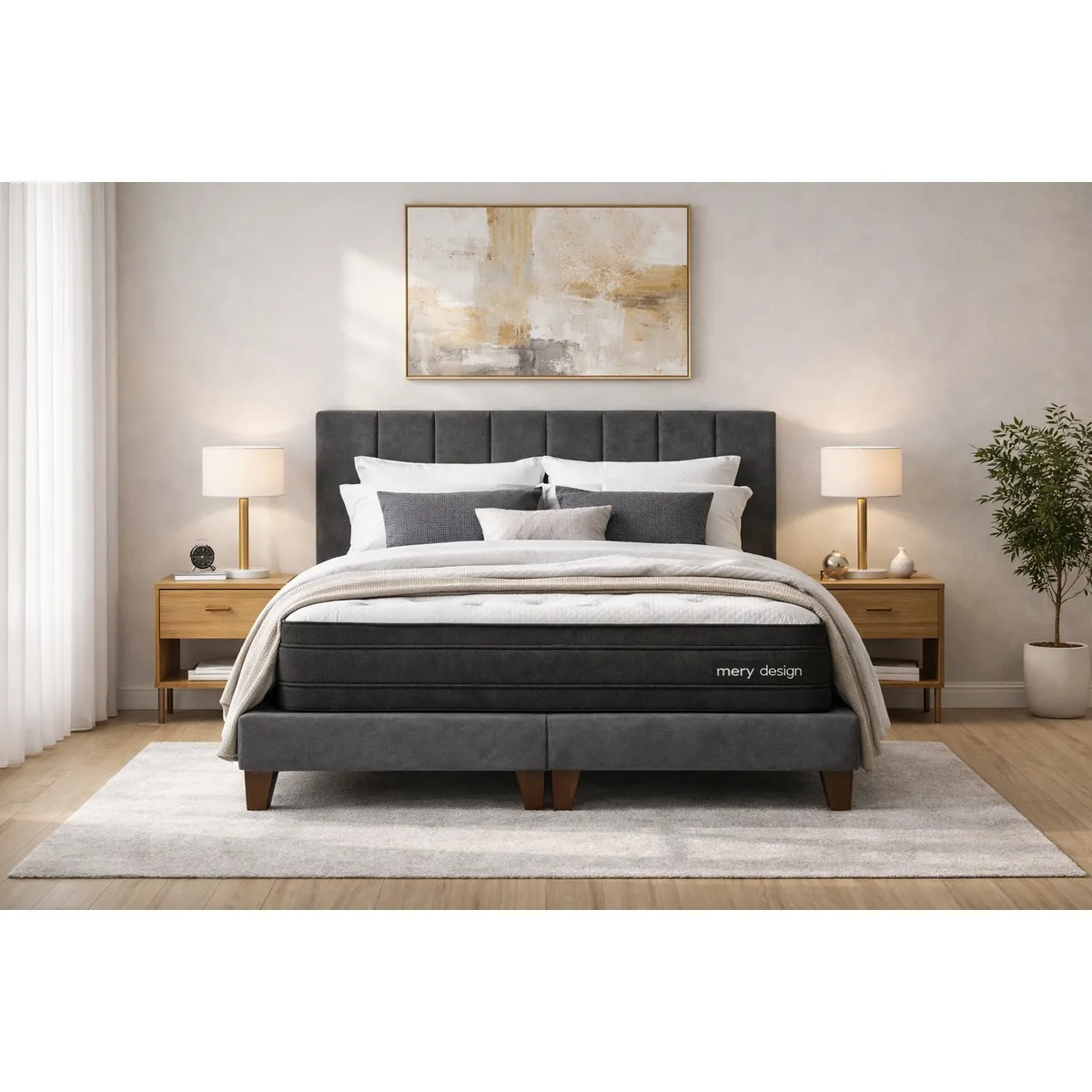 GENERICO - Cama 2 Plazas Completa Gris Grafito En Lino - Base Europea + Colchón Excellense Plus 25CM + Respaldo Tapizado