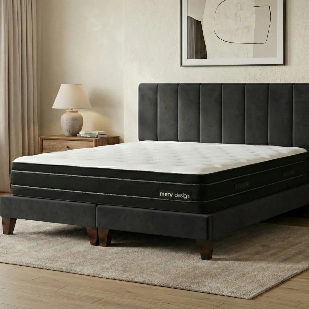 GENERICO - Cama 2 Plazas Completa Gris Grafito En Lino - Base Europea + Colchón Excellense Plus 25CM + Respaldo Tapizado