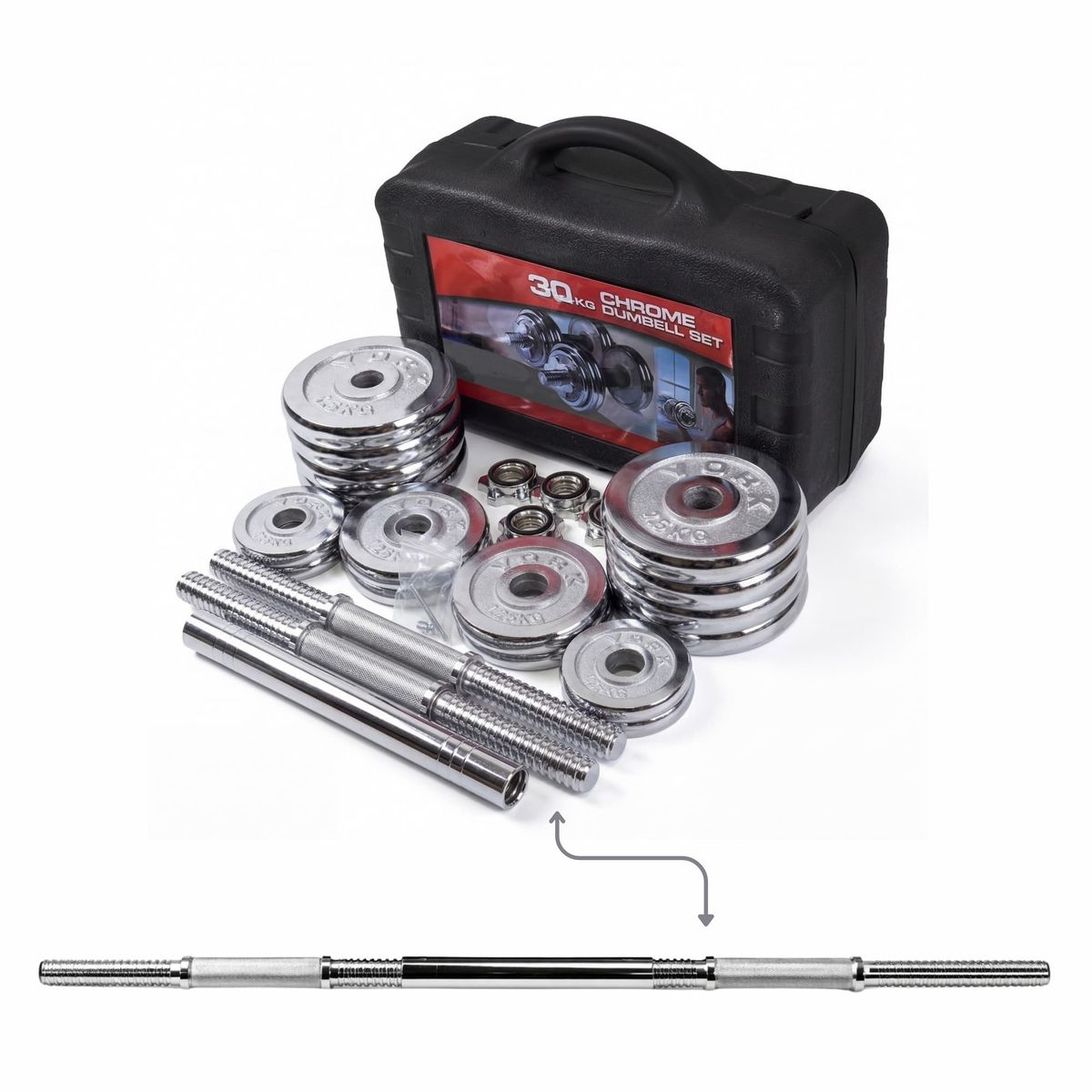 GENERICO - Kit Mancuernas Cromadas 30 kg con Barra Extensible 95 cm