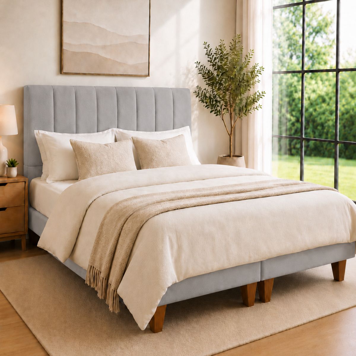 GENERICO - Cama 2 Plazas Completa Gris Claro En Lino - Base Europea + Colchón Mery Desing 25CM + Respaldo Tapizado
