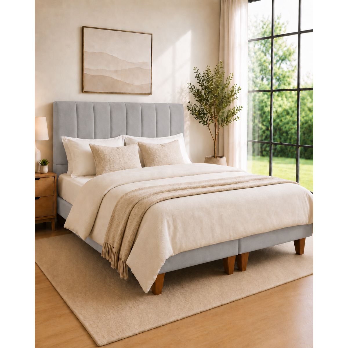 GENERICO - Cama 2 Plazas Completa Gris Claro En Lino - Base Europea + Colchón Mery Desing 25CM + Respaldo Tapizado