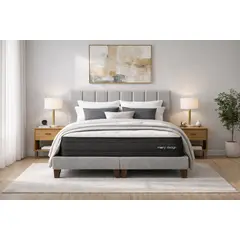 GENERICO - Cama 2 Plazas Completa Gris Claro En Lino - Base Europea + Colchón Excellense Plus 25CM + Respaldo Tapizado