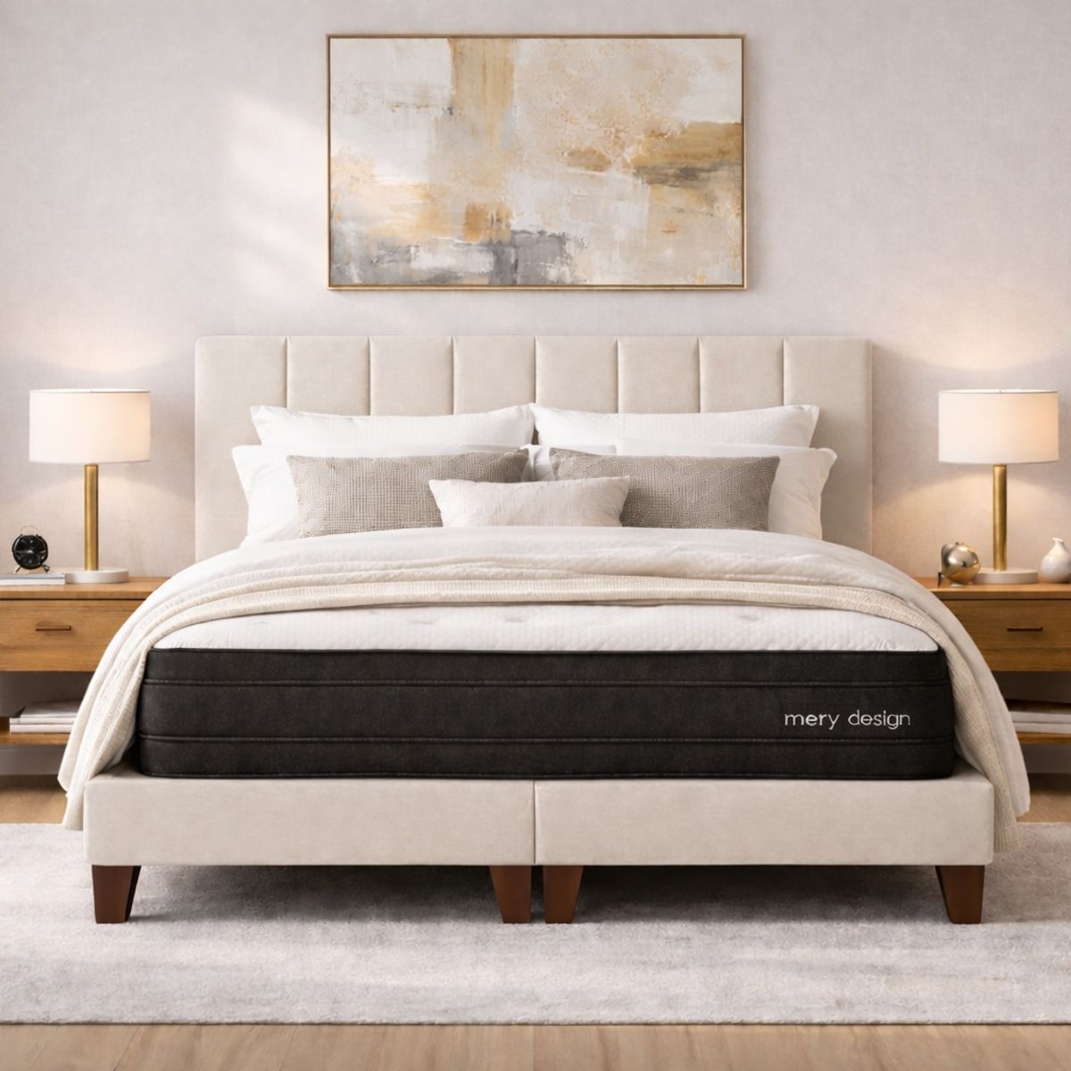 GENERICO - Cama 2 Plazas Completa Crudo En Lino - Base Europea + Colchón Excellense Plus 25CM + Respaldo Tapizado